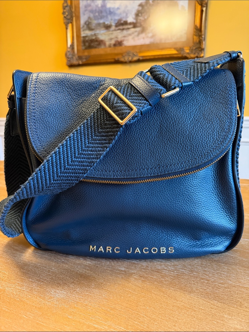 Marc Jacobs Navy Pebbled Leather Shoulder Bag with Gold Logo